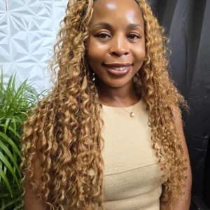 24-inch Sunrise Glow honey blonde boho locs, front view, Kingston install